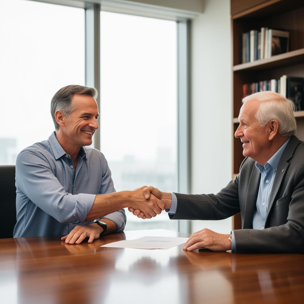 Professional Alpha Timeshare advocate shaking hands with a client in a warm office setting