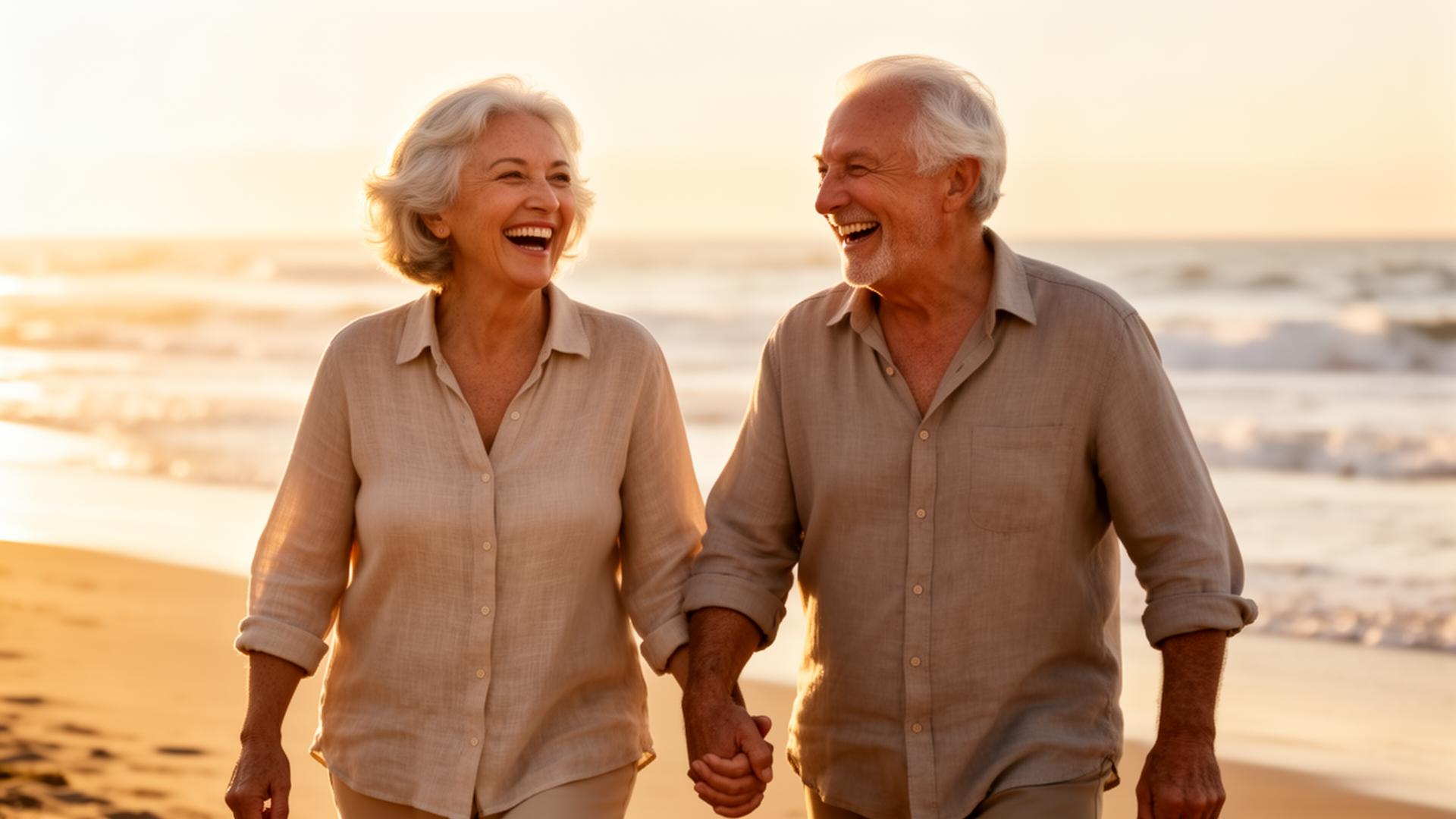 Relaxed mature couple walking on the beach at sunset, finally free from timeshare obligations