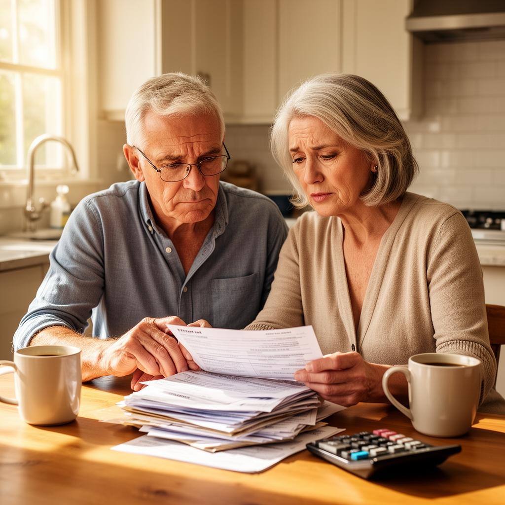 A mature couple sitting at a kitchen table reviewing timeshare paperwork together